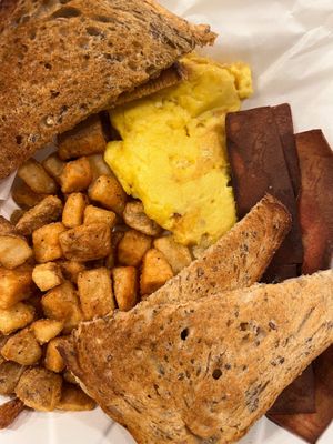 Just Egg, Morning Star Bacon, whole grain bread at Breakfast AF in Louisville