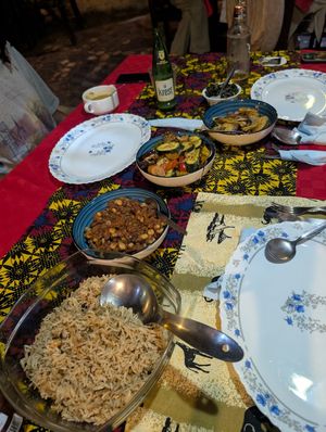 Palau, githeri, grilled veggies, fried potatoes at Chocos Restaurant in Diani