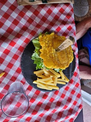 Hambourguesa vegano with fries at Metamorphosis   in Alajuela