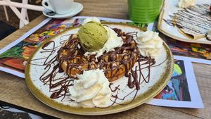 Veg gofre with veg nutella, pistacho ice-cream and extra cream at Be Happy in Gran Canaria