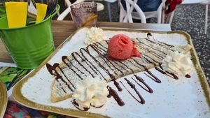 Veg crepe with veg nutella, strawberry ice-cream and extra cream at Be Happy in Gran Canaria