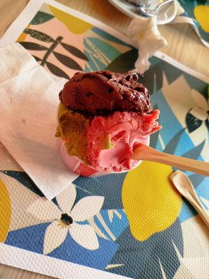 Ice cream to die for,  vegan pistachio, chocolate cherry and strawberry.  Lovely atmosphere at Be Happy in Gran Canaria
