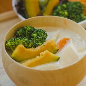 soy milk miso soup with lots of vegetables at Shima Vegetable Restaurant おやさい食堂 in Takamatsu