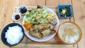 Vegetable spring rolls meal set, including rice, salad, soy milk miso soup, and side sishes at Shima Vegetable Restaurant おやさい食堂 in Takamatsu
