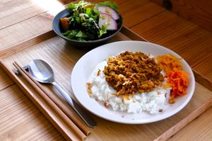soy keema curry with salad  at Shima Vegetable Restaurant おやさい食堂 in Takamatsu