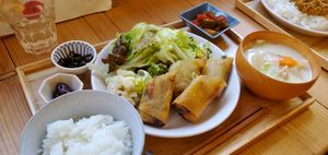 Spring roll combo, with sides and miso/soymilk vegetable soup at Shima Vegetable Restaurant おやさい食堂 in Takamatsu