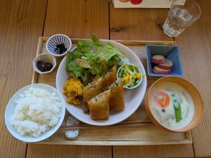 Spring roll set meal at Shima Vegetable Restaurant おやさい食堂 in Takamatsu