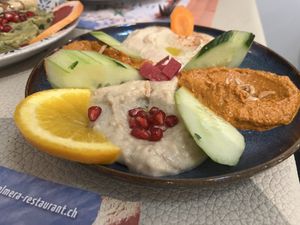 3 kinds of dip: Hummus, Moutabbal (Baba Ganoush), and Muhammaram  at  Palmera Restaurant in Winterthur
