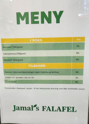 Menu at Jamal's Falafel in Oslo