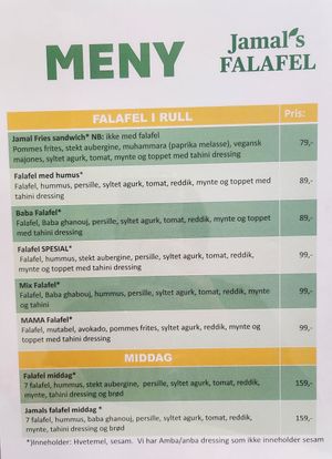 Menu at Jamal's Falafel in Oslo