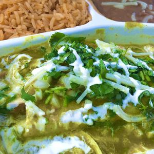 Enchiladas Verde plate at El Cantaro Vegan Mexican Restaurant in Monterey