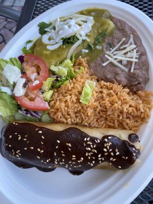 Combo #1. Enchilada and tamale with mole sauce, rice and beans at El Cantaro Vegan Mexican Restaurant in Monterey