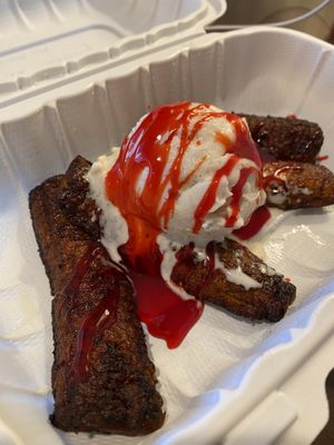 Fried Plantain with strawberry sauce  at El Cantaro Vegan Mexican Restaurant in Monterey