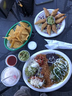 Taquitos, taco enchilada combo plate  at El Cantaro Vegan Mexican Restaurant in Monterey