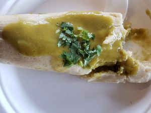 Tamale with Hot peppers inside. Gringo HOT at El Cantaro Vegan Mexican Restaurant in Monterey