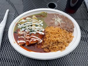 Chicken enchiladas (made from gluten) w/ Xmas sauce (both sauces)  at El Cantaro Vegan Mexican Restaurant in Monterey