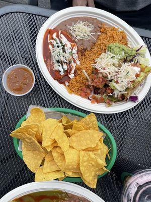 Combo #3: chicken enchilada, chicken taquito and potato taco. Chips and salsa (free)  at El Cantaro Vegan Mexican Restaurant in Monterey