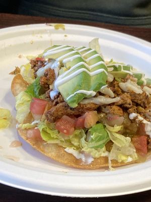 Tostada Chick’n  at El Cantaro Vegan Mexican Restaurant in Monterey