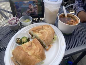 Torta, pozole, and horchata (all vegan!)  at El Cantaro Vegan Mexican Restaurant in Monterey