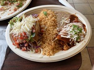 Combo no.3.  Crispy potato taco on left was great.  at El Cantaro Vegan Mexican Restaurant in Monterey
