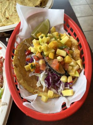 Fish taco (okay, wasn’t a huge fan).  at El Cantaro Vegan Mexican Restaurant in Monterey