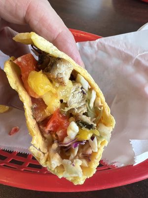 Fish taco showing texture of the “Tuna"  at El Cantaro Vegan Mexican Restaurant in Monterey