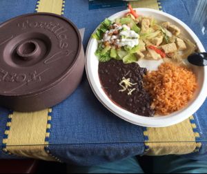 ";ckickin"; fajitas with black beans and rice  at El Cantaro Vegan Mexican Restaurant in Monterey