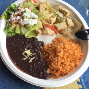 ";ckickin"; fajitas with black beans and rice  at El Cantaro Vegan Mexican Restaurant in Monterey
