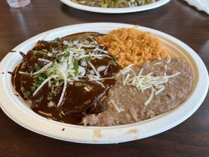 ‘Chicken’ Enmoladas with Coloradito Molé   at El Cantaro Vegan Mexican Restaurant in Monterey