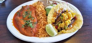 Combo: files rellenos and fish taco with pineapple at El Cantaro Vegan Mexican Restaurant in Monterey