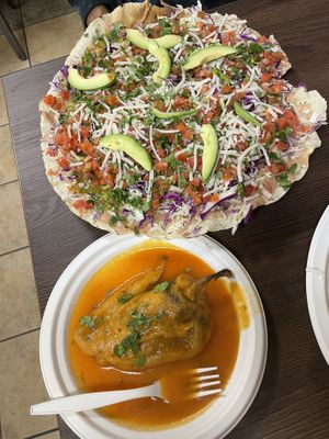 Tlayuda (above)and chille relleno (below)  at El Cantaro Vegan Mexican Restaurant in Monterey