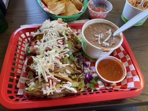 Crispy potato tacos and pinto beans    at El Cantaro Vegan Mexican Restaurant in Monterey
