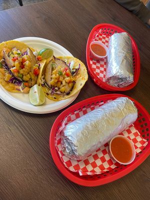 Fish tacos & burritos  at El Cantaro Vegan Mexican Restaurant in Monterey