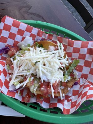 Crispy potato taco. It was fine.  $6 after tax  at El Cantaro Vegan Mexican Restaurant in Monterey