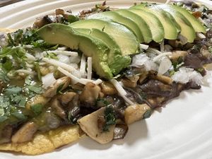 Huarache (Blue Zone item) and some art  at El Cantaro Vegan Mexican Restaurant in Monterey