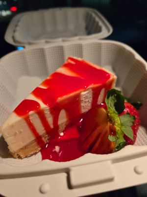 Strawberry cheesecake at El Cantaro Vegan Mexican Restaurant in Monterey