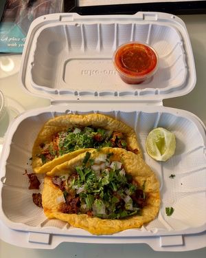 Two soft taco with plant made “chicken”and plant made “beef”.  at El Cantaro Vegan Mexican Restaurant in Monterey