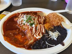 Vegetable enchiladas (3) with red saucee  at El Cantaro Vegan Mexican Restaurant in Monterey