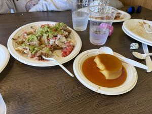 Nachos and flan  at El Cantaro Vegan Mexican Restaurant in Monterey