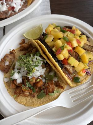 Fish (mango) and chicken tacos  at El Cantaro Vegan Mexican Restaurant in Monterey