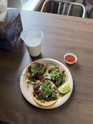 Carne Asada Tacos and Horchata   at El Cantaro Vegan Mexican Restaurant in Monterey