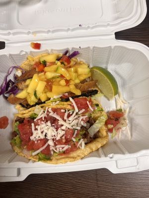 Fish with mango and ranchero tacos  at El Cantaro Vegan Mexican Restaurant in Monterey