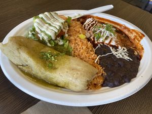 Green chile & cheese tamale and spinach & mushroom enchilada   at El Cantaro Vegan Mexican Restaurant in Monterey