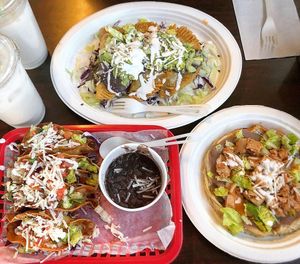 Potato tacos, mushroom enchiladas, sope  at El Cantaro Vegan Mexican Restaurant in Monterey