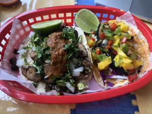 Mushroom and Fish Taco with mango salsa   at El Cantaro Vegan Mexican Restaurant in Monterey