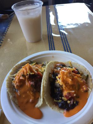 Sautéed vegetable tacos, one with black beans, one with pinto. So good. If I could only eat one thing for the rest of my life it would probably be these tacos   at El Cantaro Vegan Mexican Restaurant in Monterey