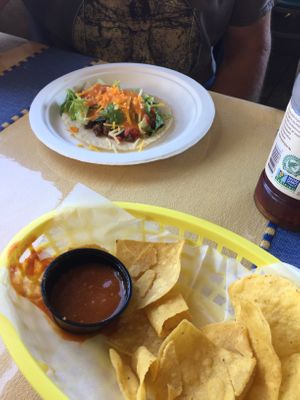 Delicious chips and salsa. I can’t remember what kind of taco that was, but apparently it was good   at El Cantaro Vegan Mexican Restaurant in Monterey