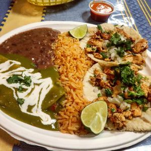 Combo number 2 with chicken tacos at El Cantaro Vegan Mexican Restaurant in Monterey