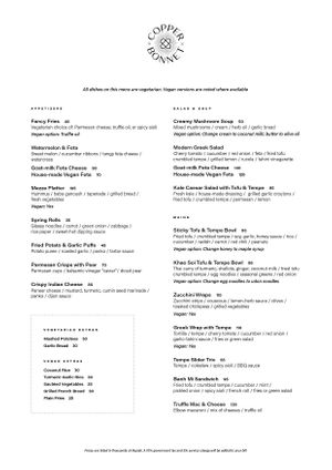 Vegetarian & Vegan Menu at Copper Bonnet in 