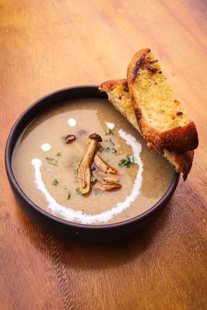 Creamy mushroom soup with coconut milk at Copper Bonnet in 